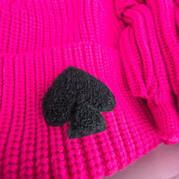 Kate Spade NY Chenille Patch Knit Box Set Beanie Hat Mittens Pink Black Gift New - Picture 8 of 11